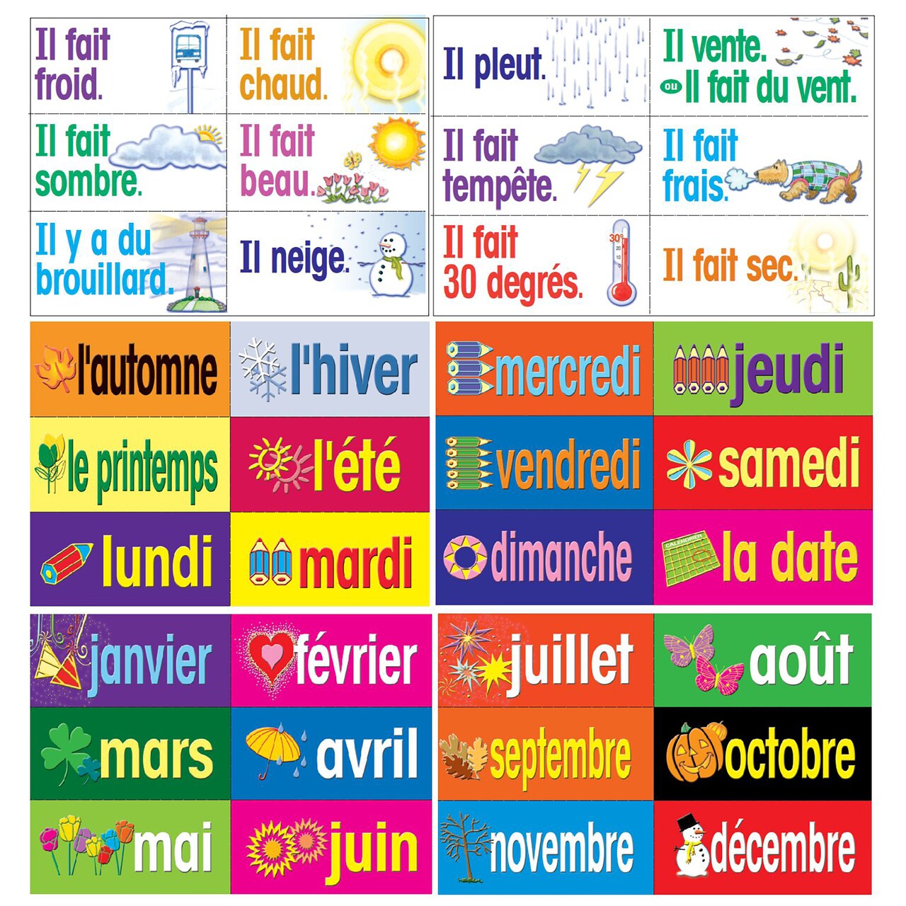 Poster Pals French Educational and Language Teaching Chart posters, Classroom Decoration instruction, Months, Days, Seasons, Weather, FSL, 36 laminated card Set